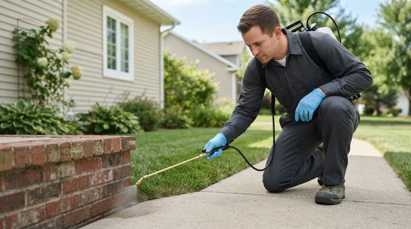 Pest control technician treating a home near Dahinda, IL