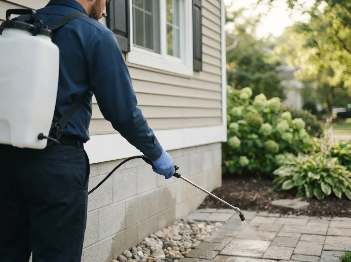 Pest control technician inspecting a home in Dahinda, IL